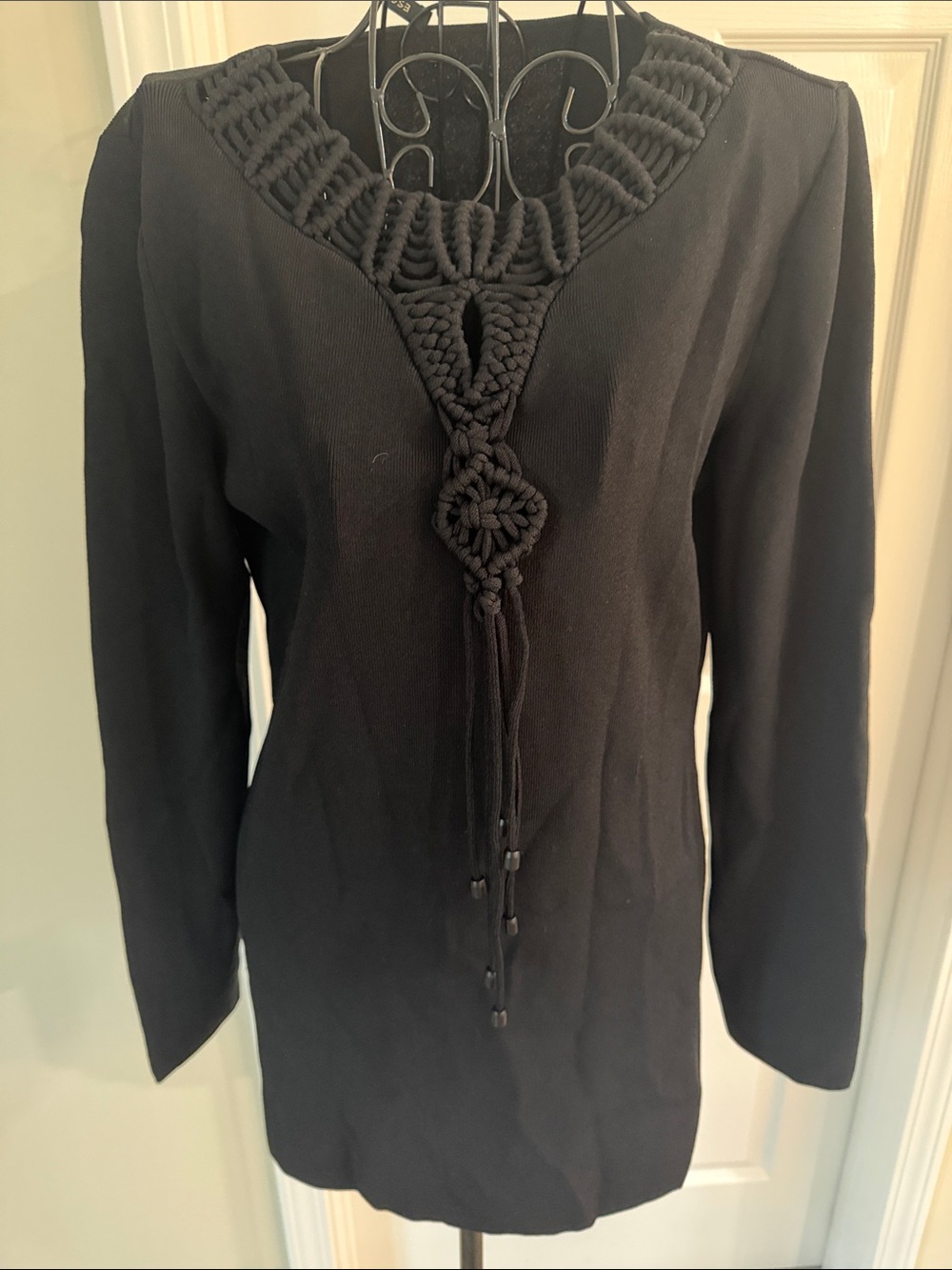 Escada Black Long-Sleeve Tunic with Braided Macramé V-Neck
